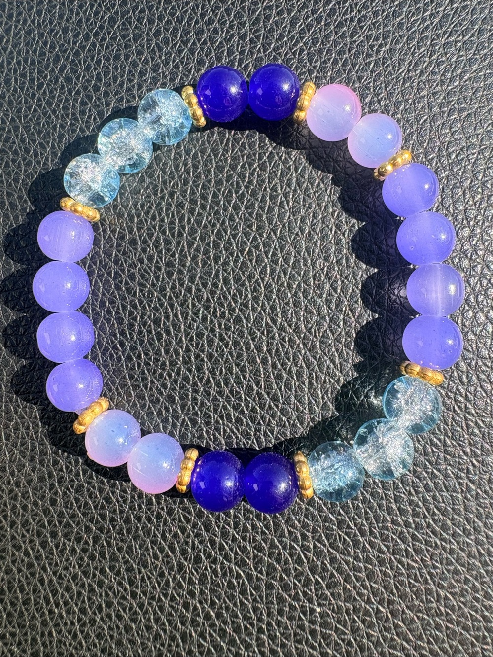 Blue and Purple Glass beaded bracelet with Gold accents